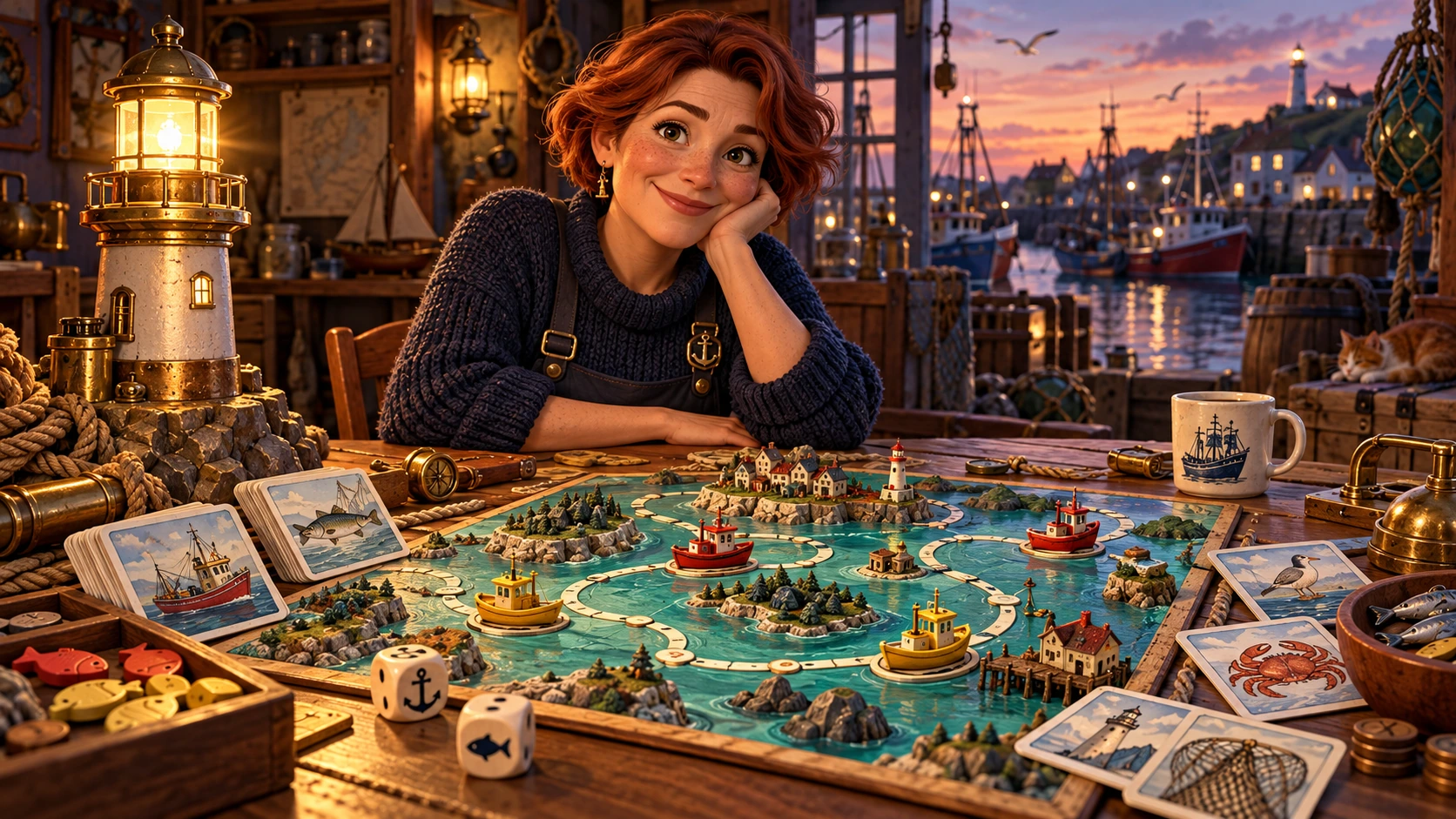 A harbour master beside a richly detailed fishing board game