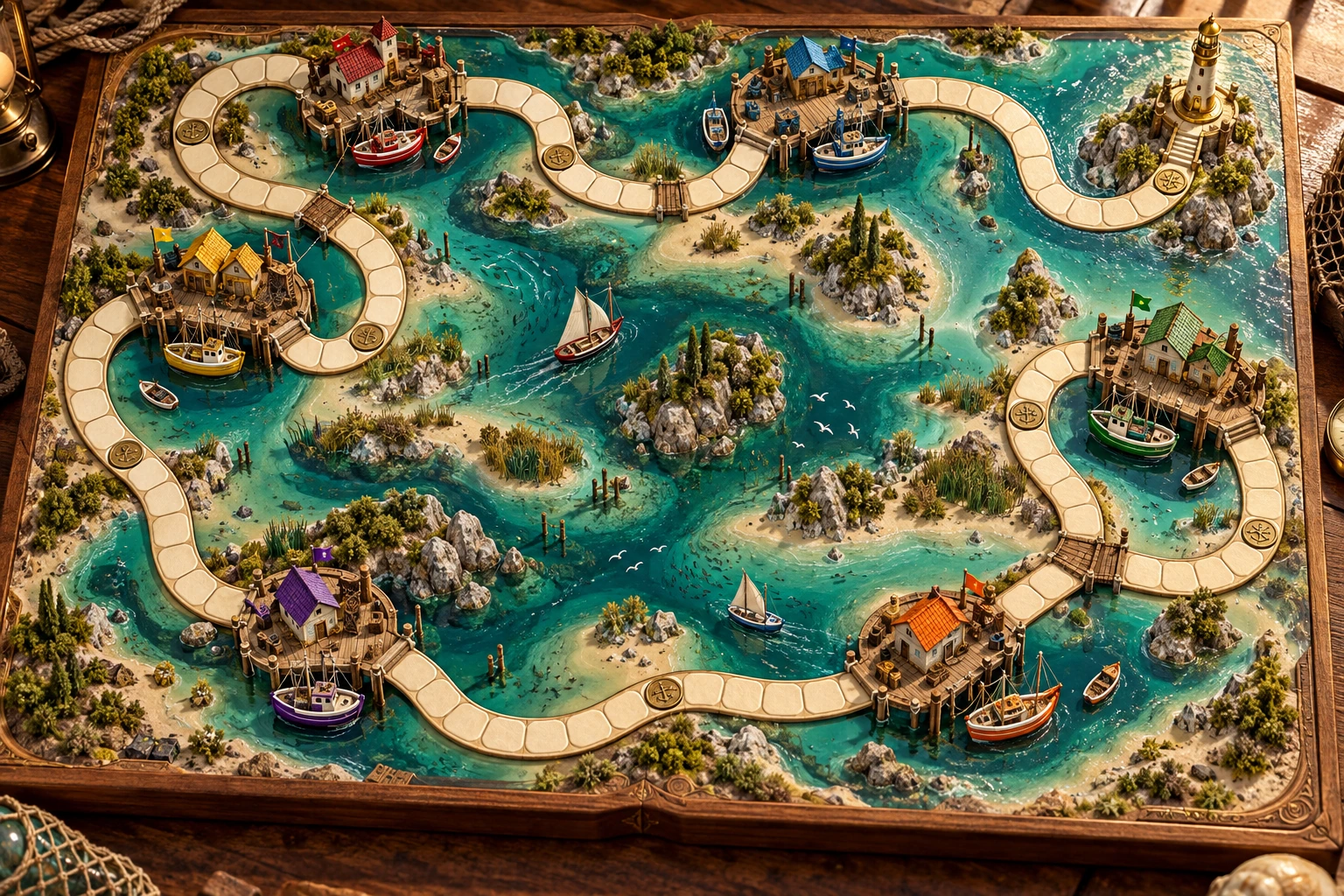 Illustrated estuary board with boats and a lighthouse