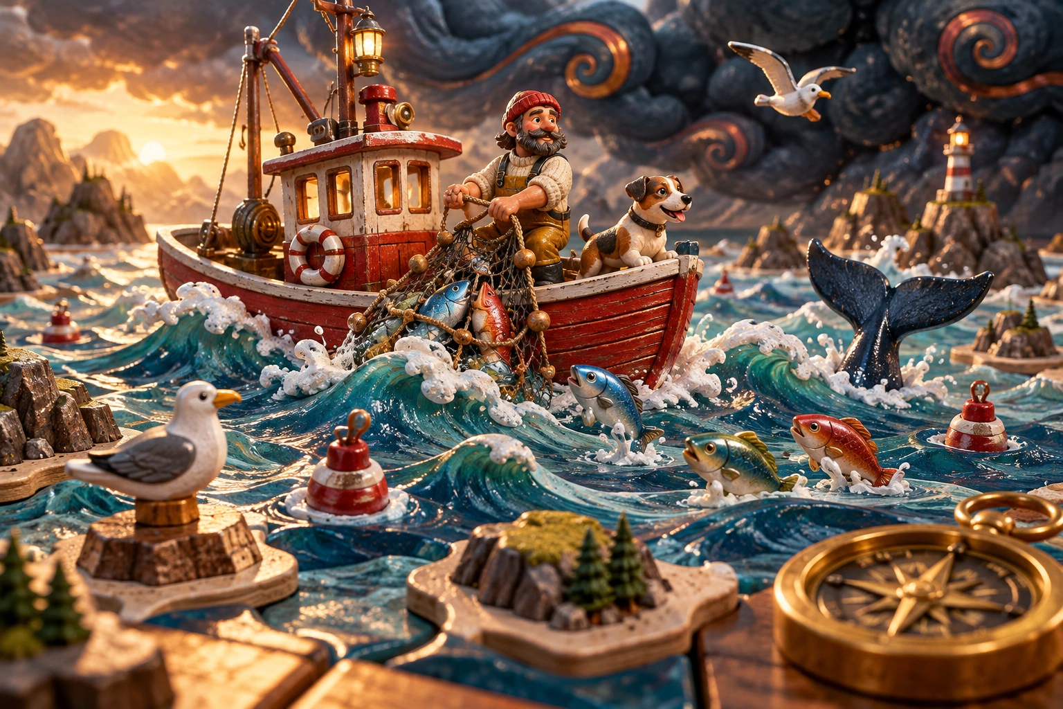 A miniature fishing boat surrounded by sculpted turquoise waves